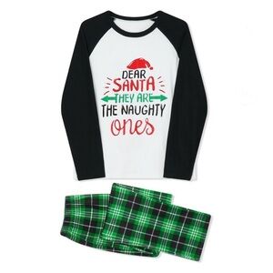 PatPat Men Christmas Letter Long Sleeve Top and Green Plaid Pants Pajamas Set